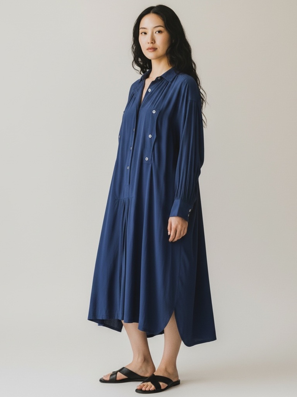 ETOILE ISABEL MARANT Silk Navy Blue Button-Front Shirt Dress - One Size